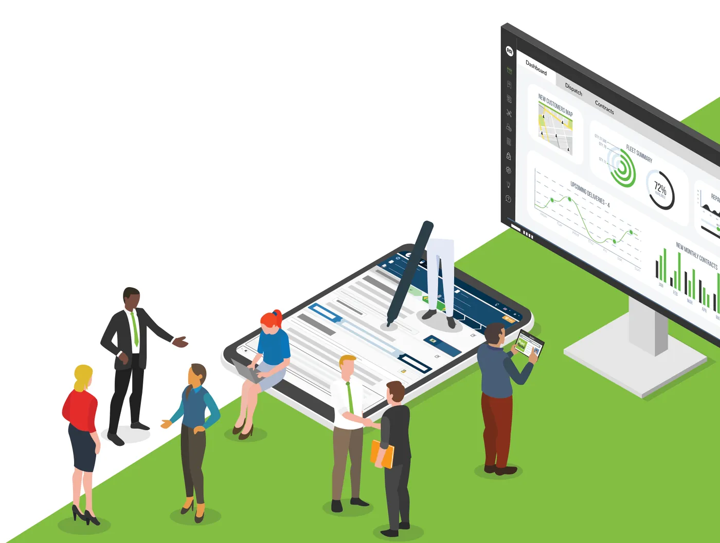 Illustration of a team around a giant tablet and a large monitor showing the Point of Rental dashboard, shaking hands on a green lawn
