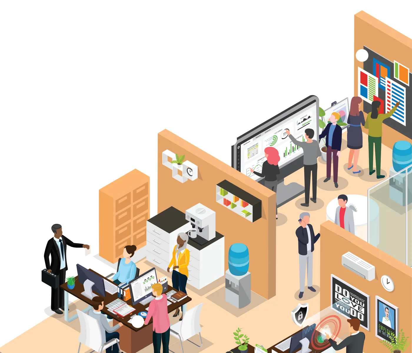 Illustration of an open-plan office: colleagues around a large dashboard screen, a reception desk and wall charts