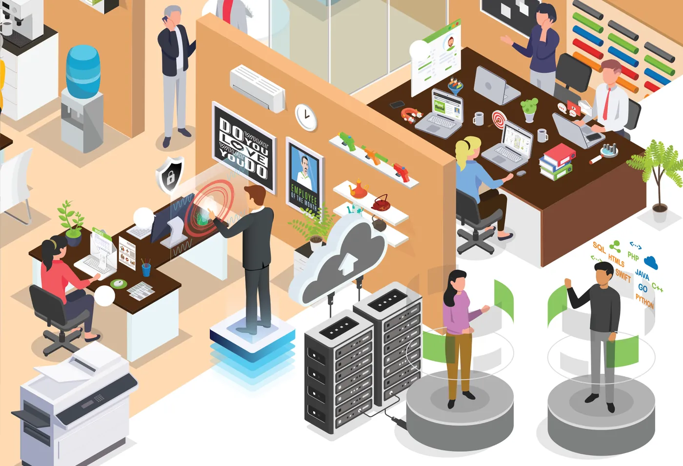 Illustration of the back office: a manager on a secure login pad, server racks, staff on holographic integration pedestals and a busy sales desk