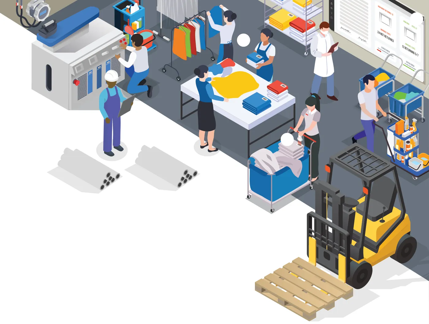 Illustration of a hire warehouse: staff cleaning, folding and packing linen, a technician at a washing machine, trolleys of stock and a forklift lifting a pallet