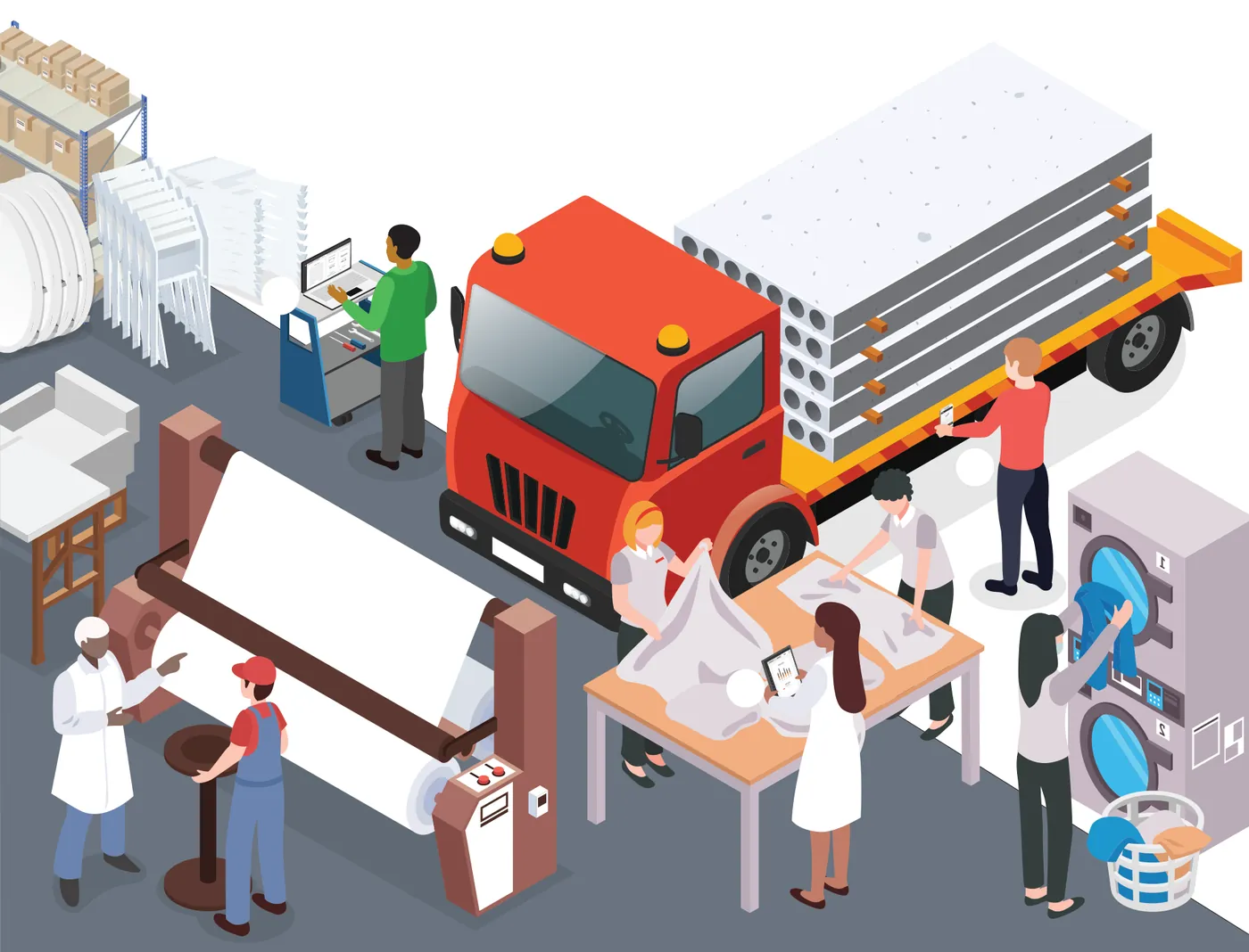 Illustration of a loading bay: a flatbed lorry loaded with staging, a clerk at a scanning station, staff inspecting a marquee canopy, a linen roller and washing machines