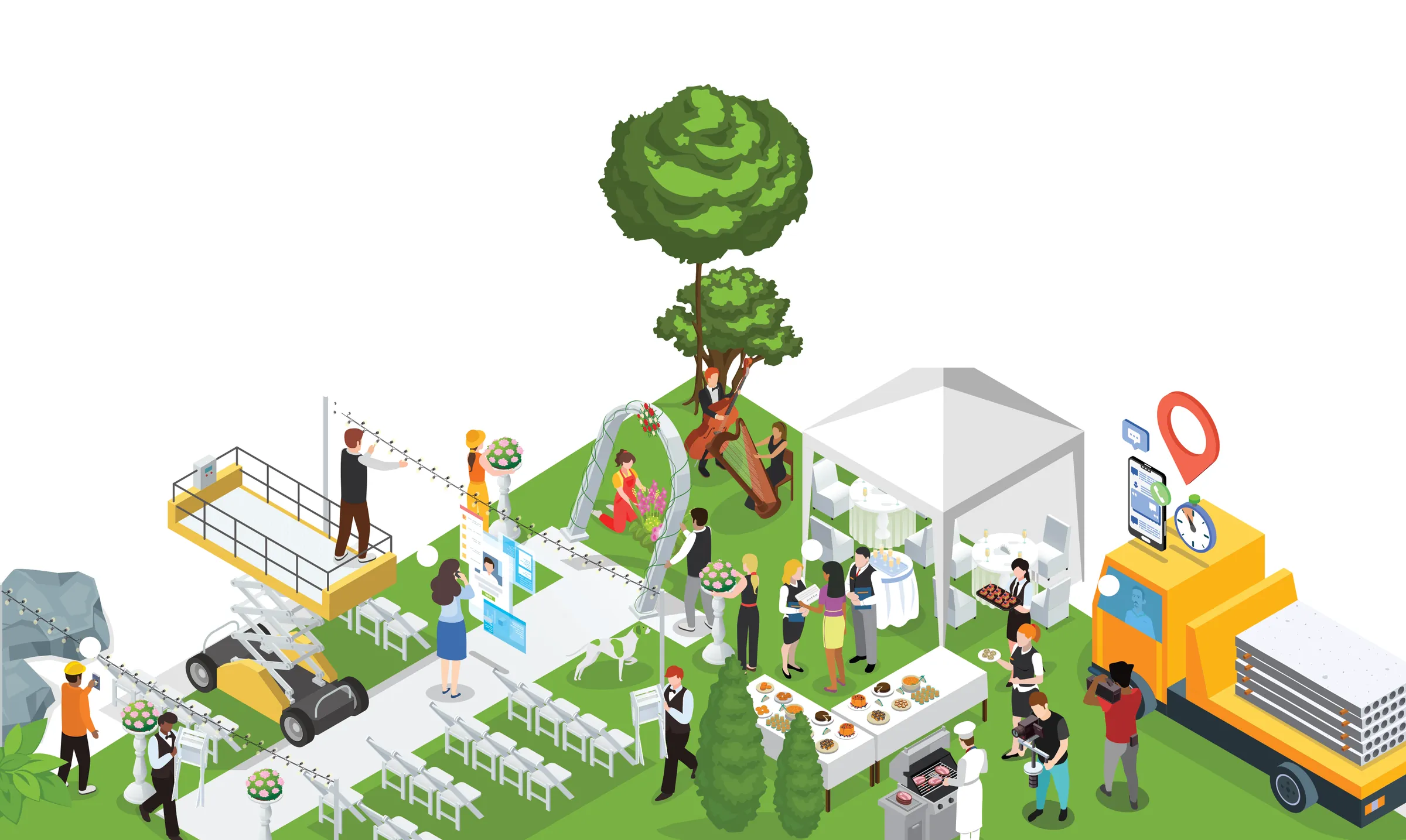 Illustration of an outdoor wedding being set up: a crew on a scissor lift hanging festoon lights, rows of white chairs, a floral arch, musicians under a tree, a catered marquee and a delivery lorry