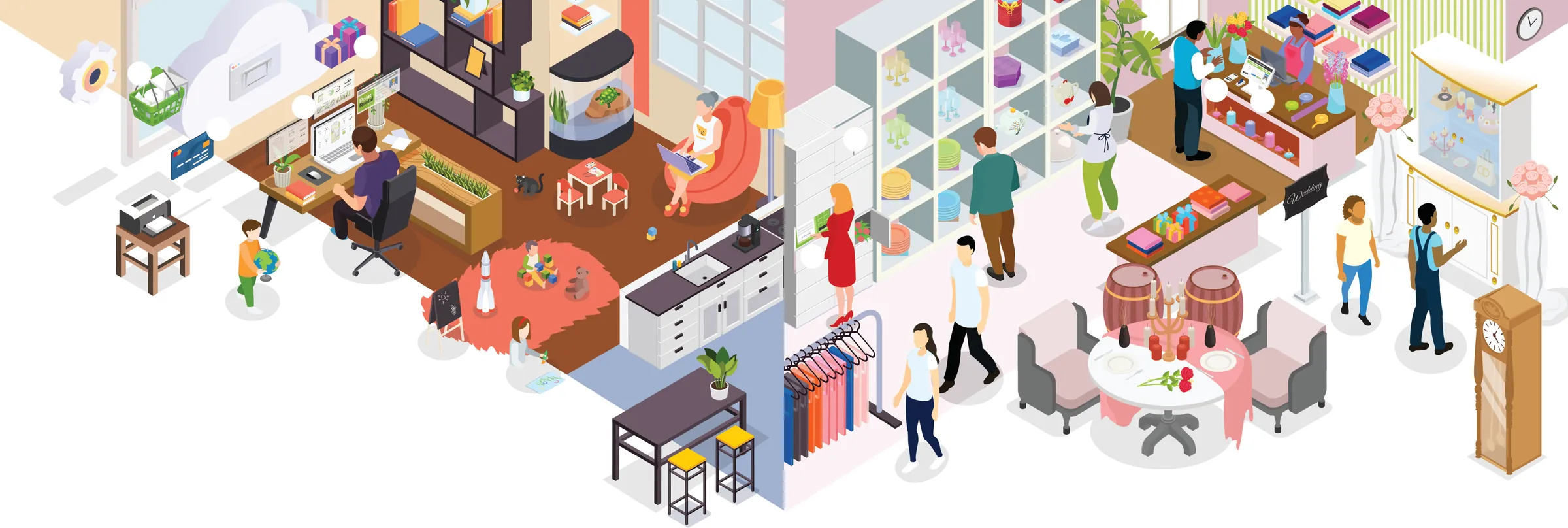 Illustration of a hire shop front of house: a home office with online shopping, card payments and dashboards, and a party showroom with tableware shelves, lockers, a dressed dining table and staff serving customers